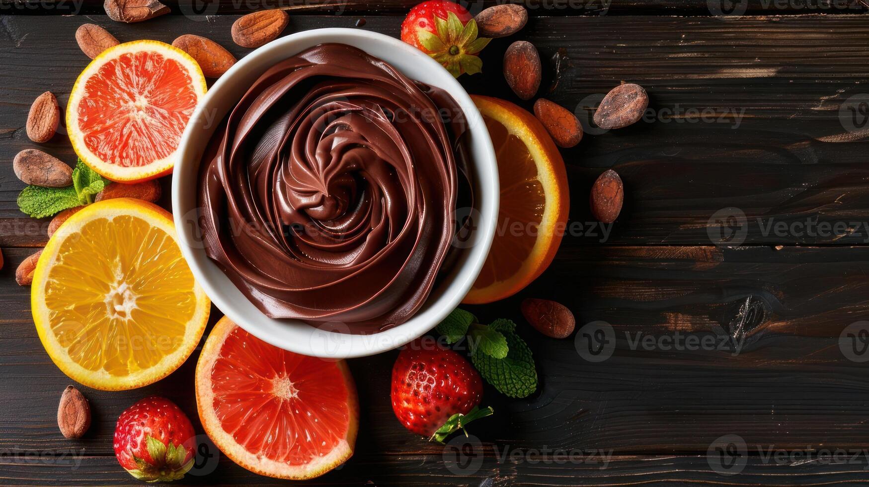 A bowl of chocolate spread surrounded by fresh fruits and cocoa beans on a wooden surface. photo