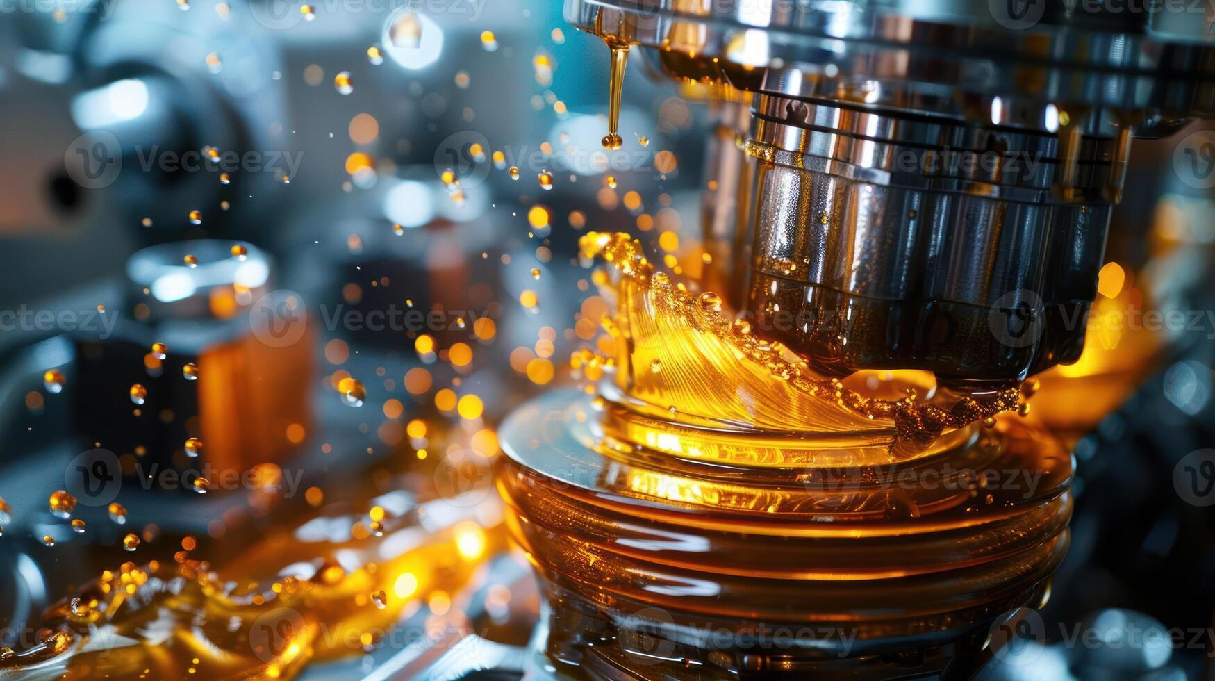 Close-up of industrial machinery with oil splashes, showcasing precision and lubrication. photo