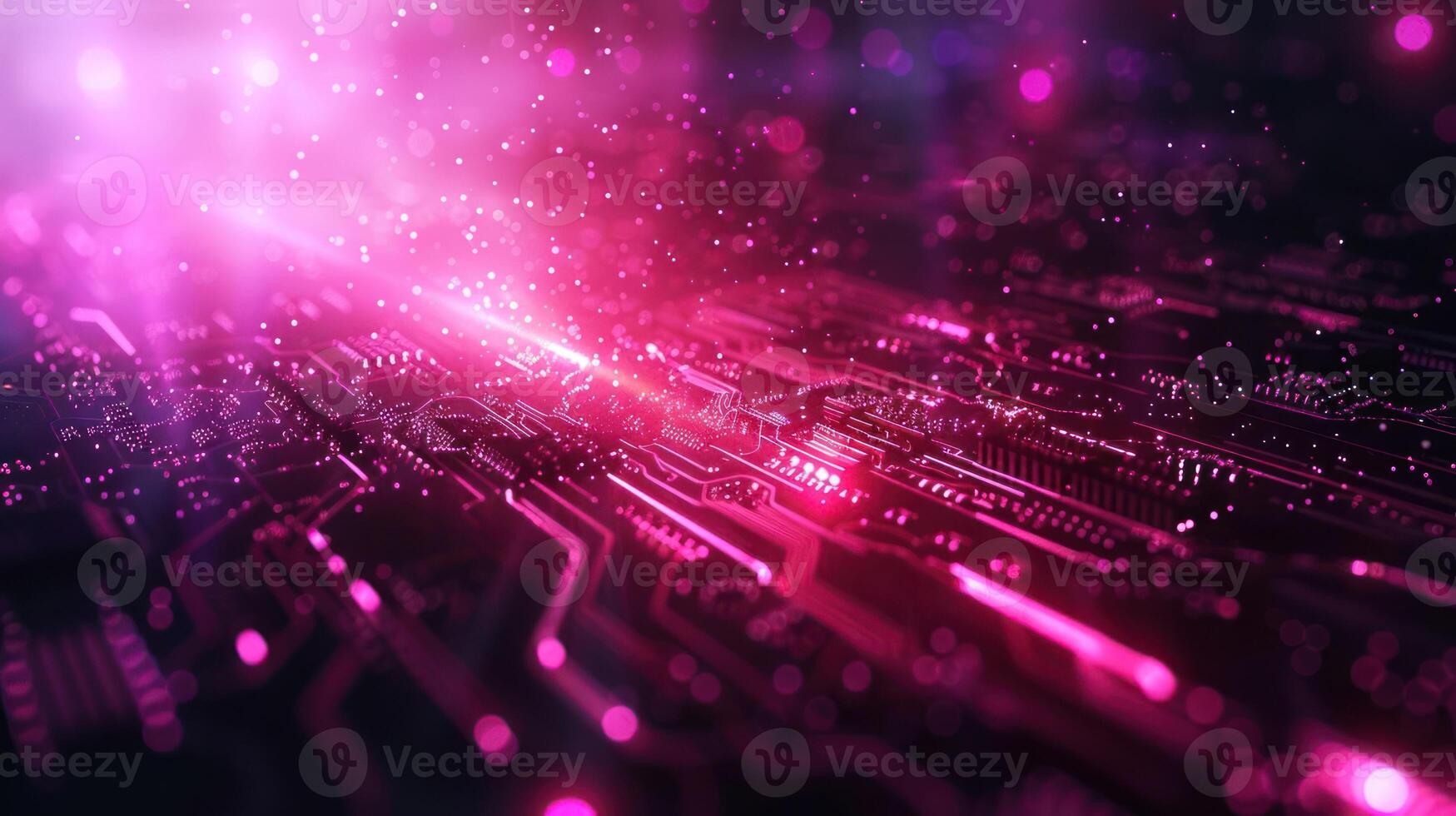 Abstract digital circuit with glowing pink particles, representing technology and innovation. photo