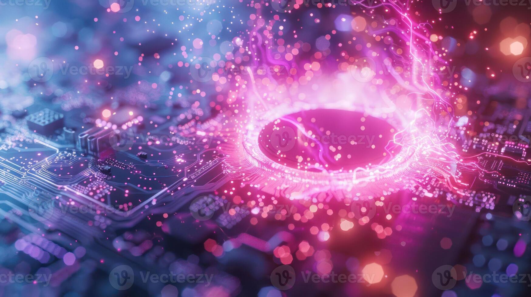 Abstract representation of technology with glowing effects on a circuit board. photo