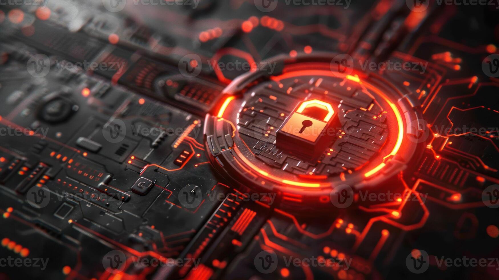 A digital lock symbol on a circuit board, representing cybersecurity and data protection. photo