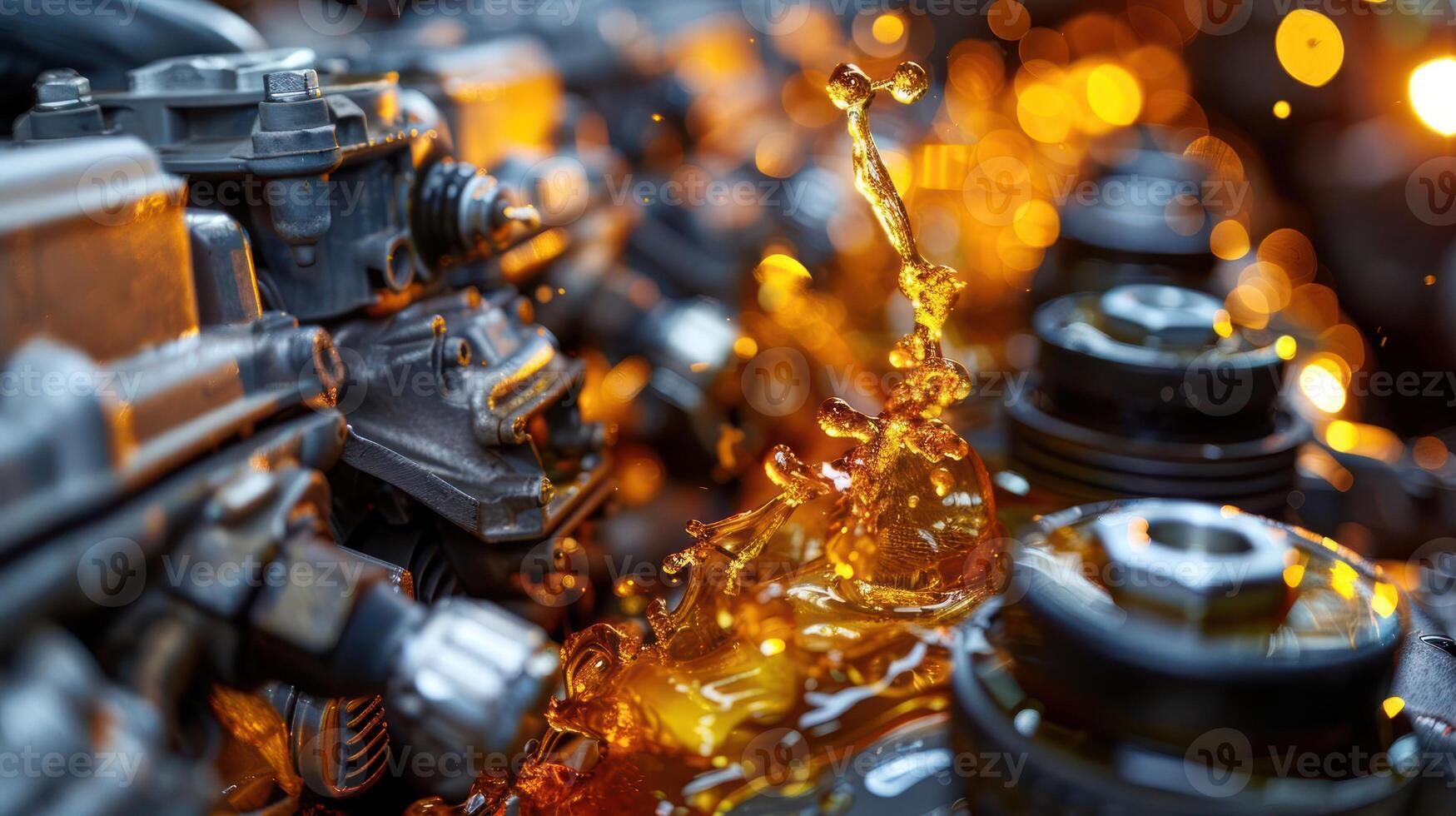 Close-up of engine components with splashing oil, highlighting industrial mechanics. photo