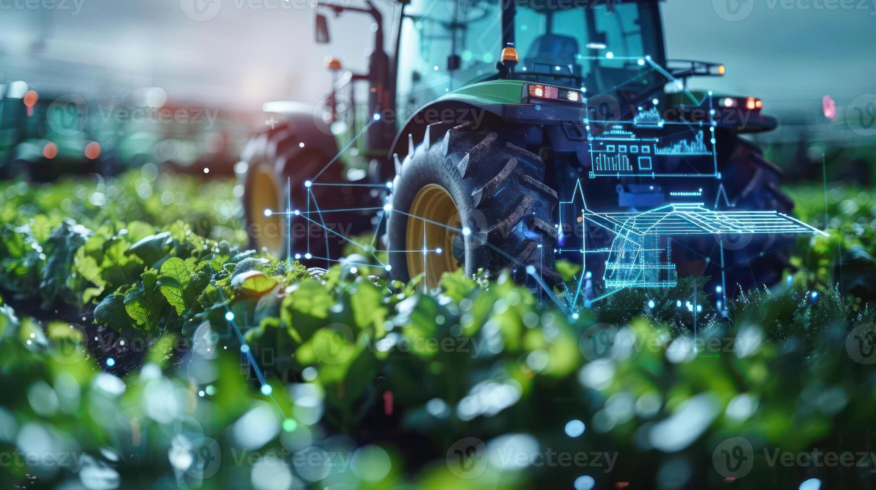 A modern tractor working in a field with digital overlays, symbolizing smart farming technology. photo