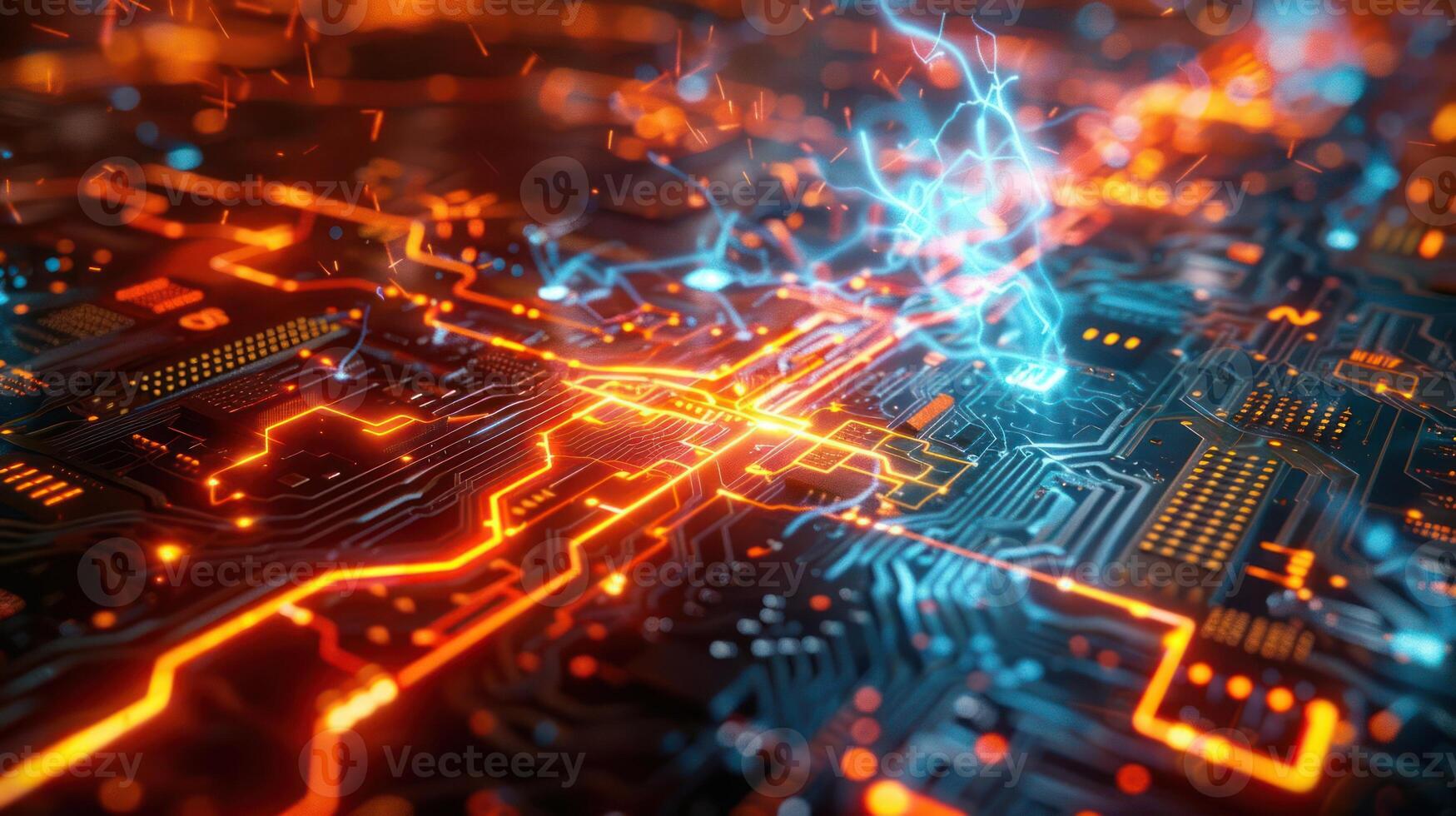 A vibrant digital circuit board with glowing lines and electric sparks. photo