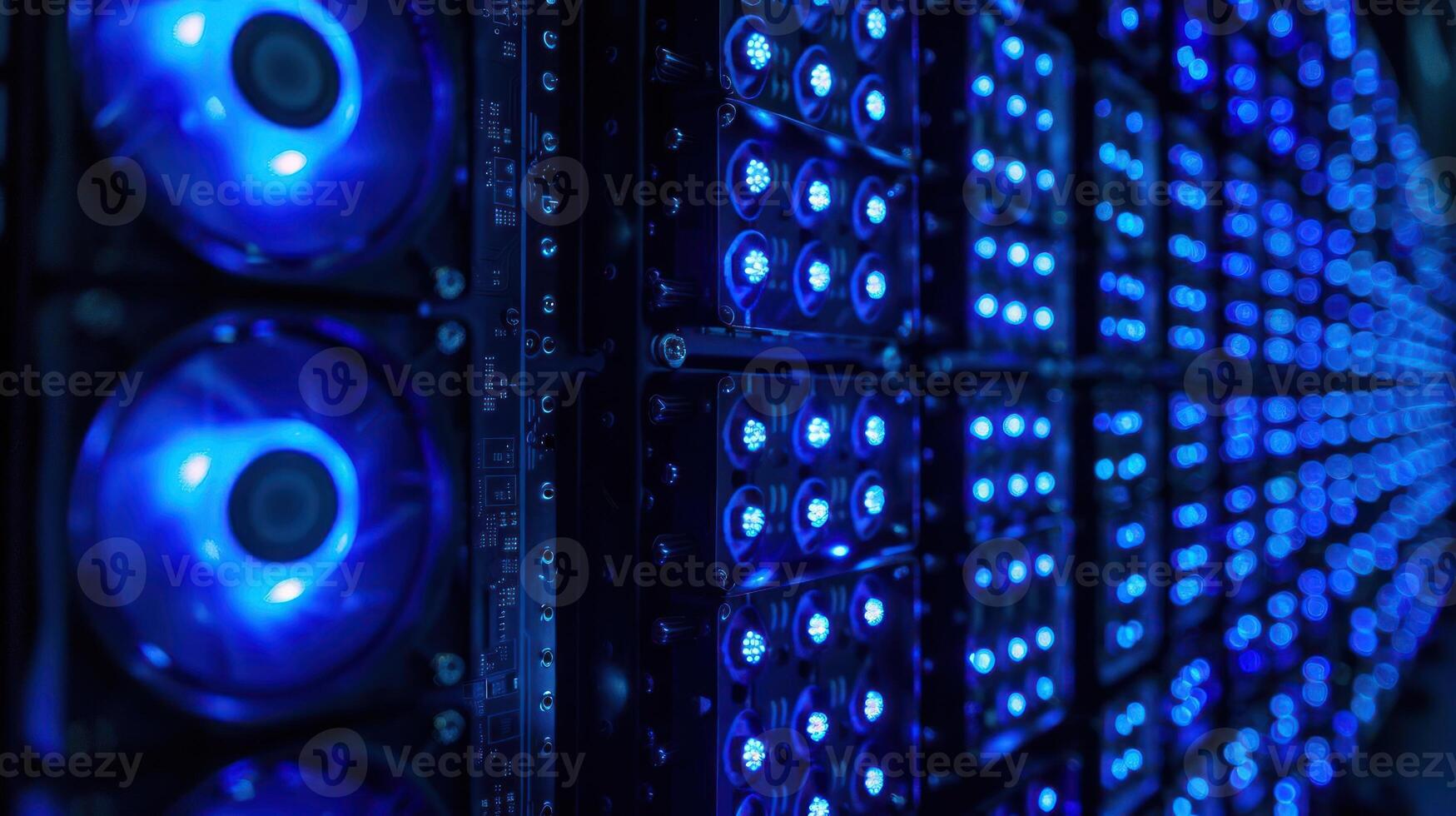 A close-up of illuminated computer components, showcasing cooling fans and LED lights. photo