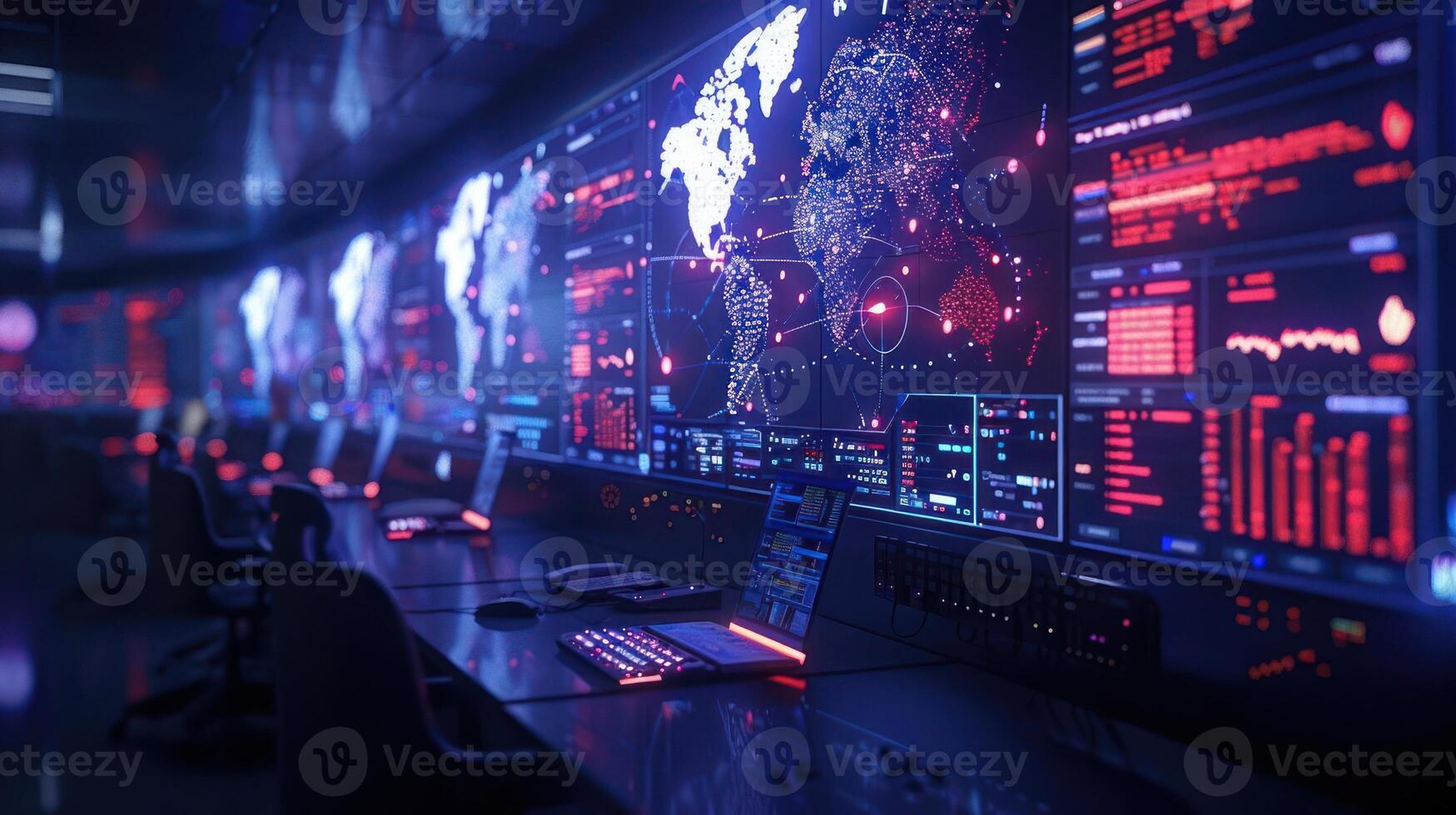 A futuristic control room with digital screens displaying global data and analytics. photo