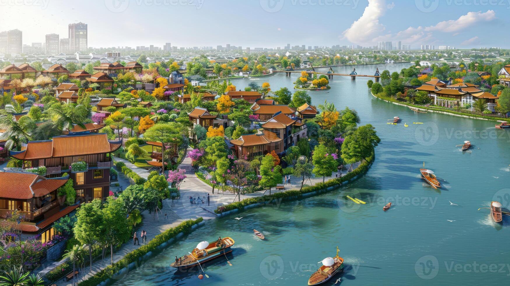 A vibrant riverside community with traditional architecture and lush greenery. photo