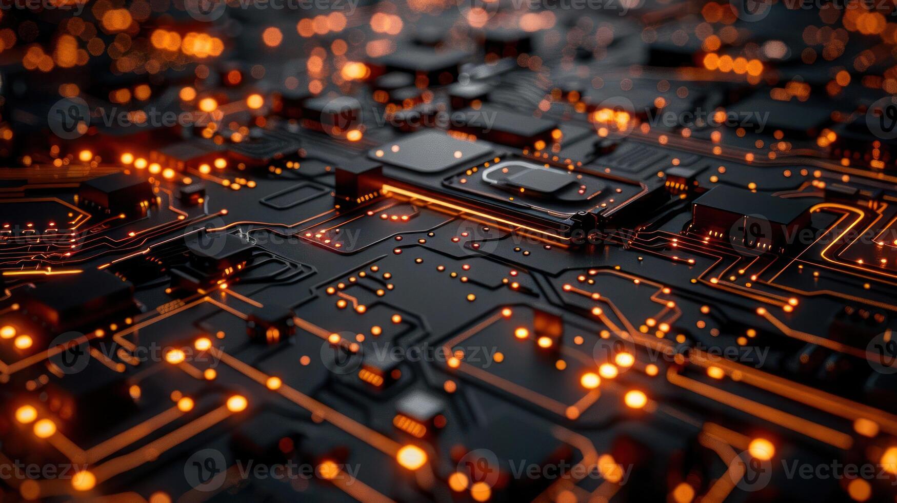 A close-up view of a circuit board with glowing orange elements and intricate pathways. photo