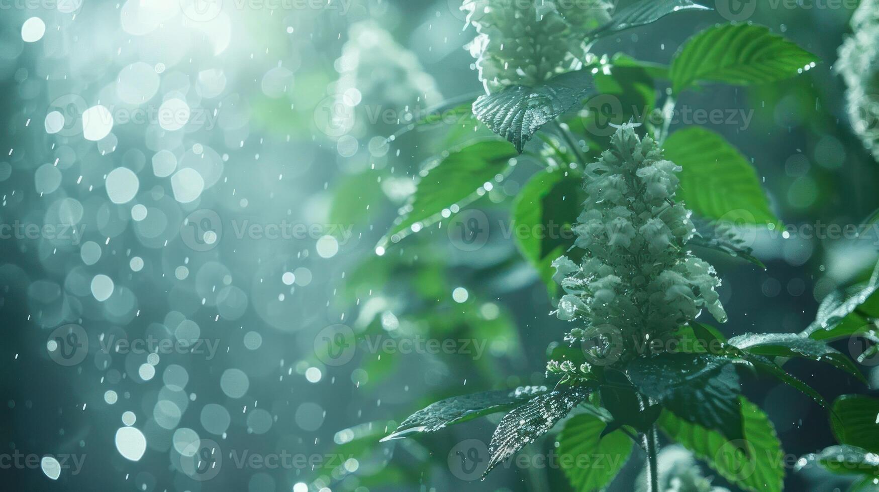 A serene image of flowering plants in a misty environment with raindrops and soft lighting. photo