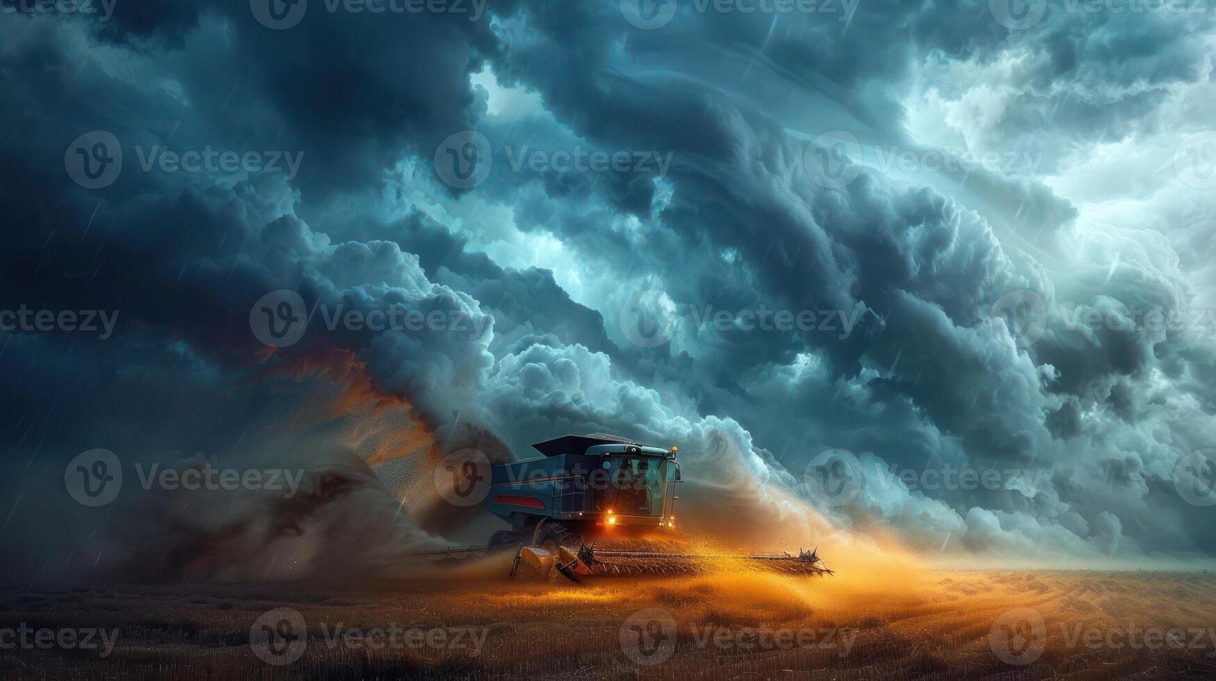 A combine harvester working in a stormy field under dramatic clouds. photo