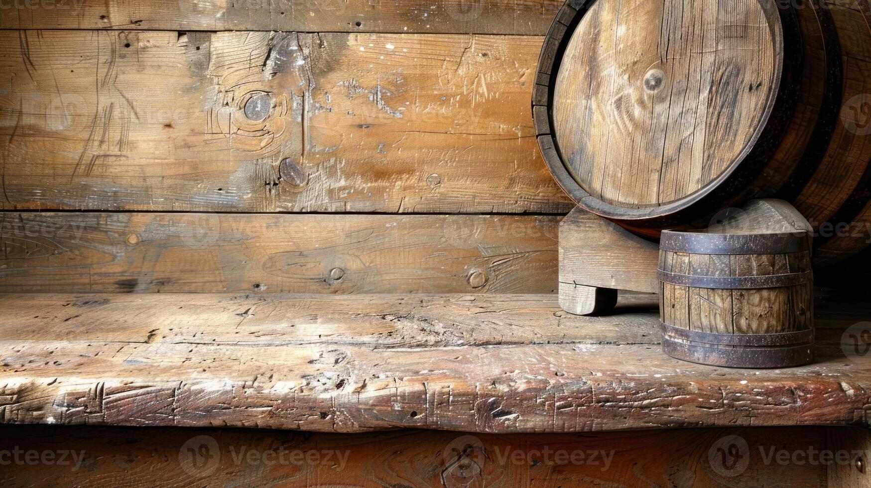 A rustic wooden shelf with barrels, evoking a vintage atmosphere. photo