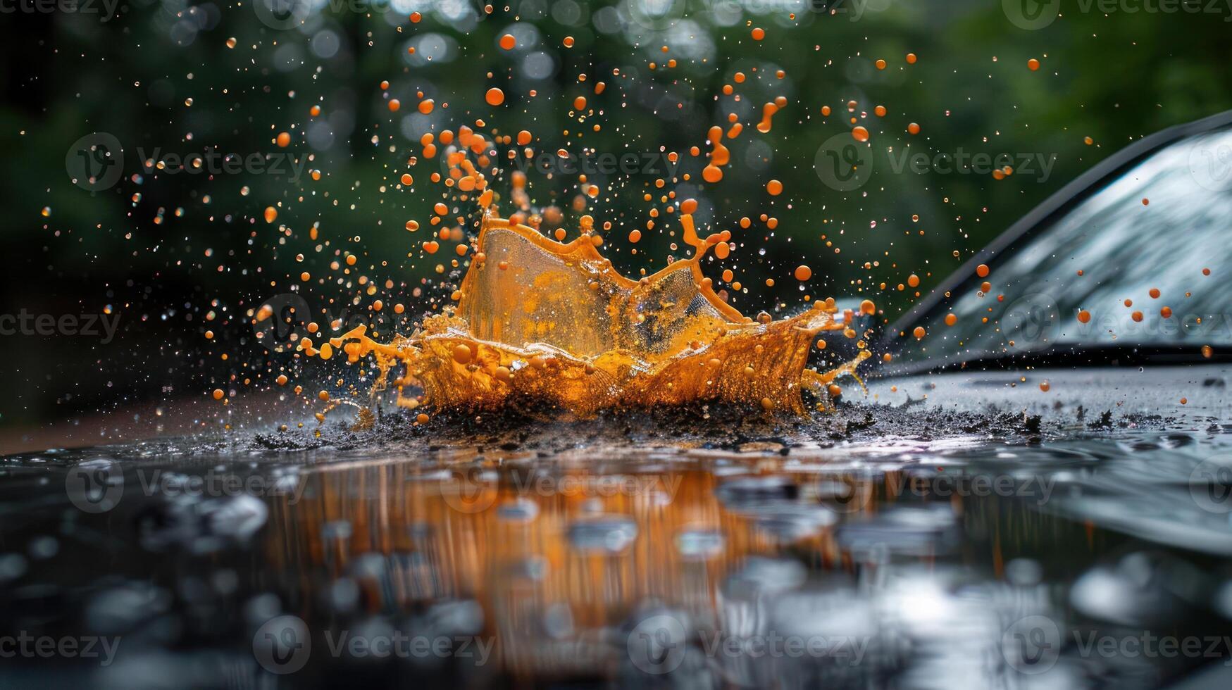 A vibrant splash of orange liquid on a dark surface, capturing motion and color contrast. photo