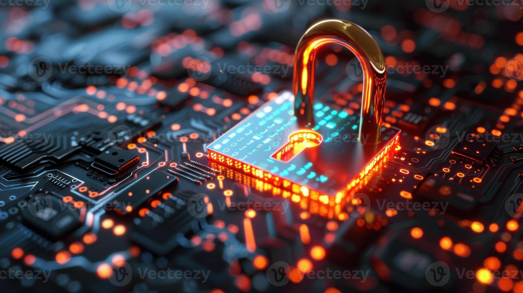 A glowing digital padlock on a circuit board, symbolizing cybersecurity and data protection. photo