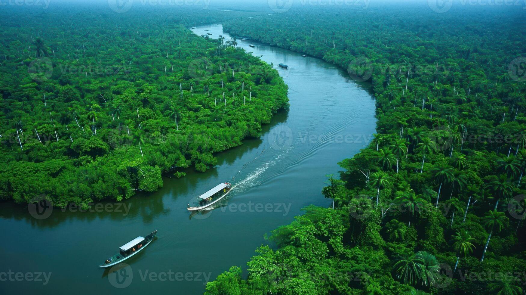 Aerial view of boats navigating a winding river through lush green forest. photo