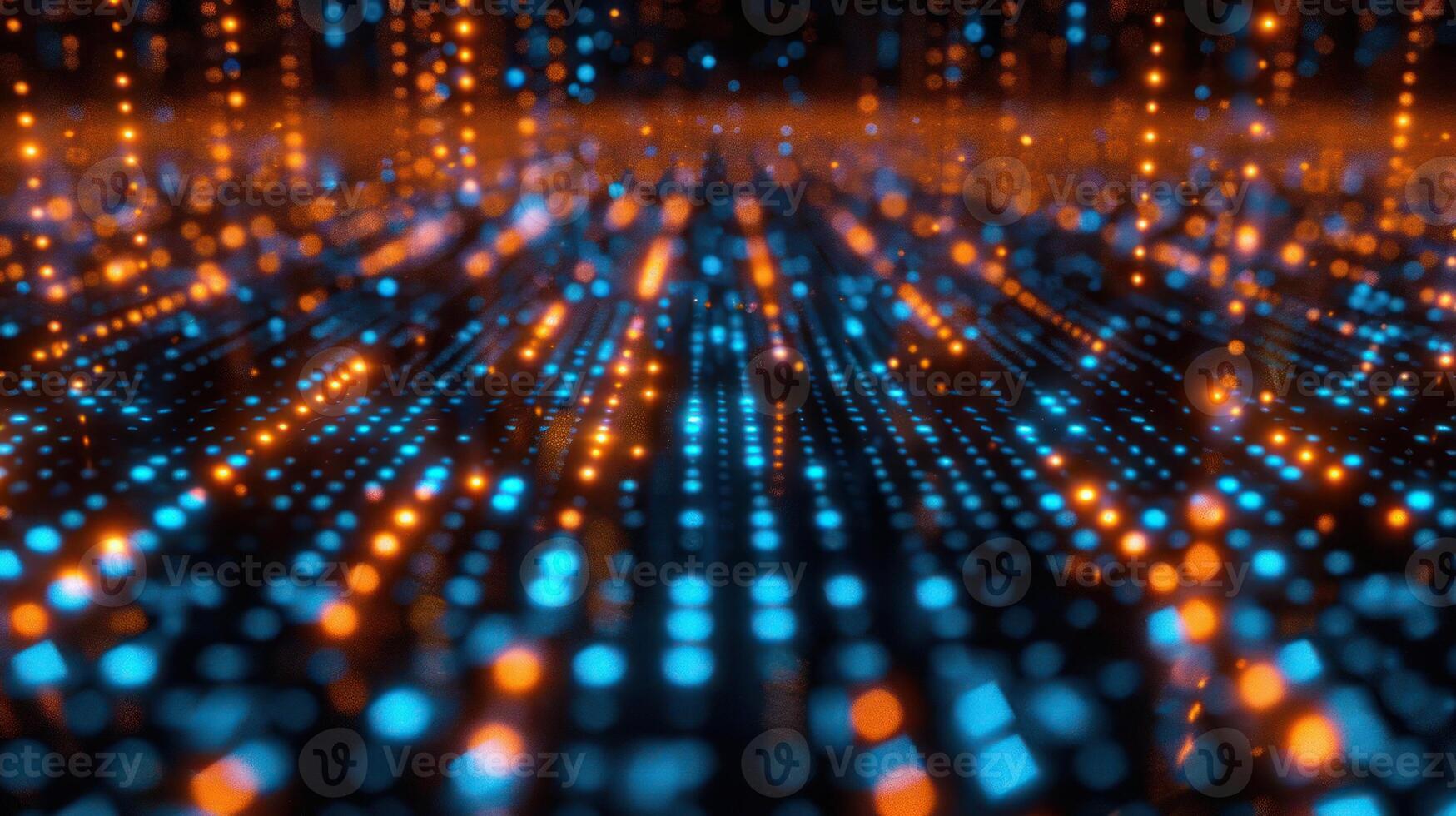 Abstract digital landscape with glowing blue and orange dots creating a futuristic effect. photo