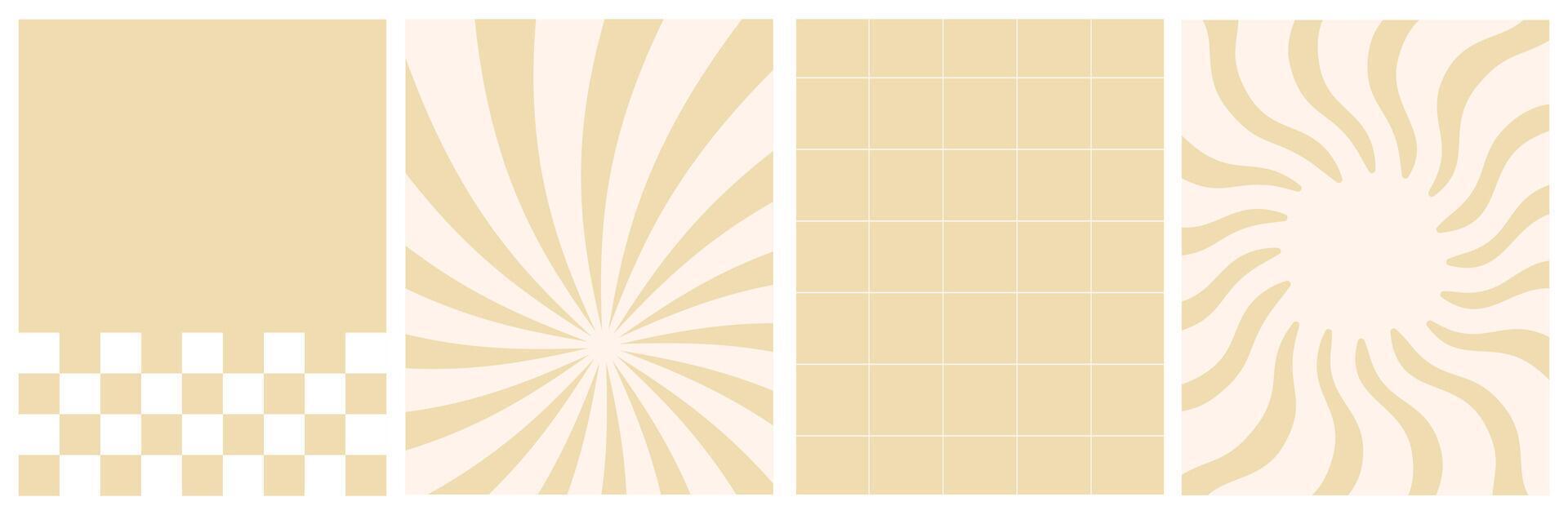 Groovy retro backgrounds of the 60s, 70s in beige palette. Chess board, wavy patterns. posters with lines, mesh, squares, in groovy style. Distorted texture for posters in Y2K aesthetic. vector