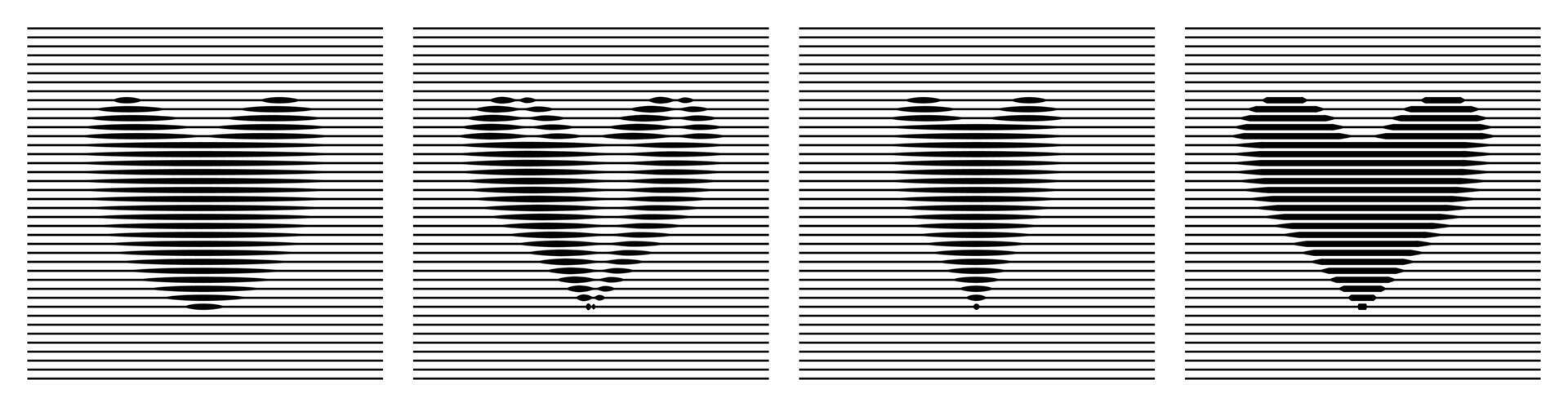 A set of hearts with halftone lines hologram effect. Abstract minimalist illustration in 2000s Y2K style. A love symbol. vector