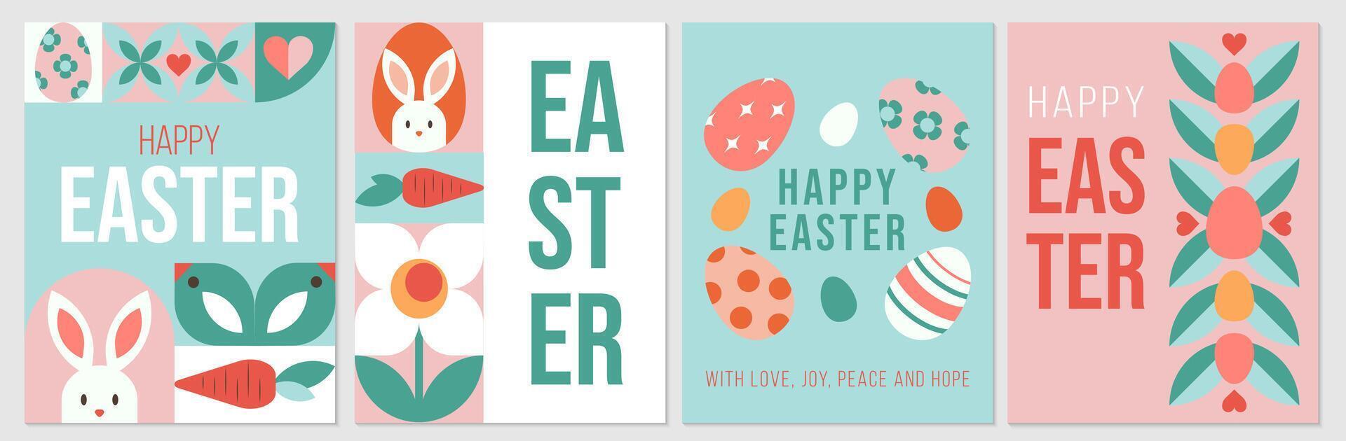 A collection of geometric abstract posters, greeting cards, banners, holiday covers for Happy Easter day. The trendy illustrations with bunnies, Easter eggs, flowers, simple forms and text. vector