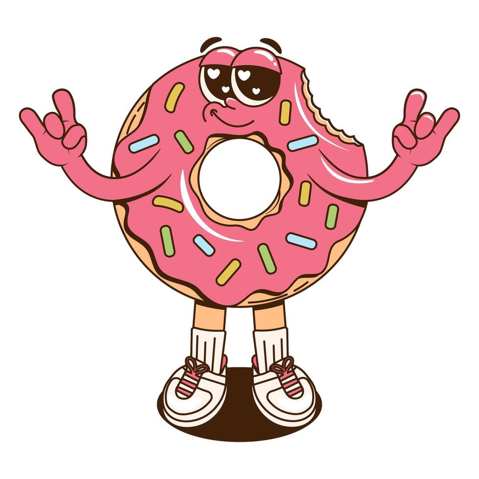 A Groovy cheerful dessert character. Retro cartoon illustration with a donut for print, isticker, stamp, patch or mascot for cafe, restaurant, bar. vector