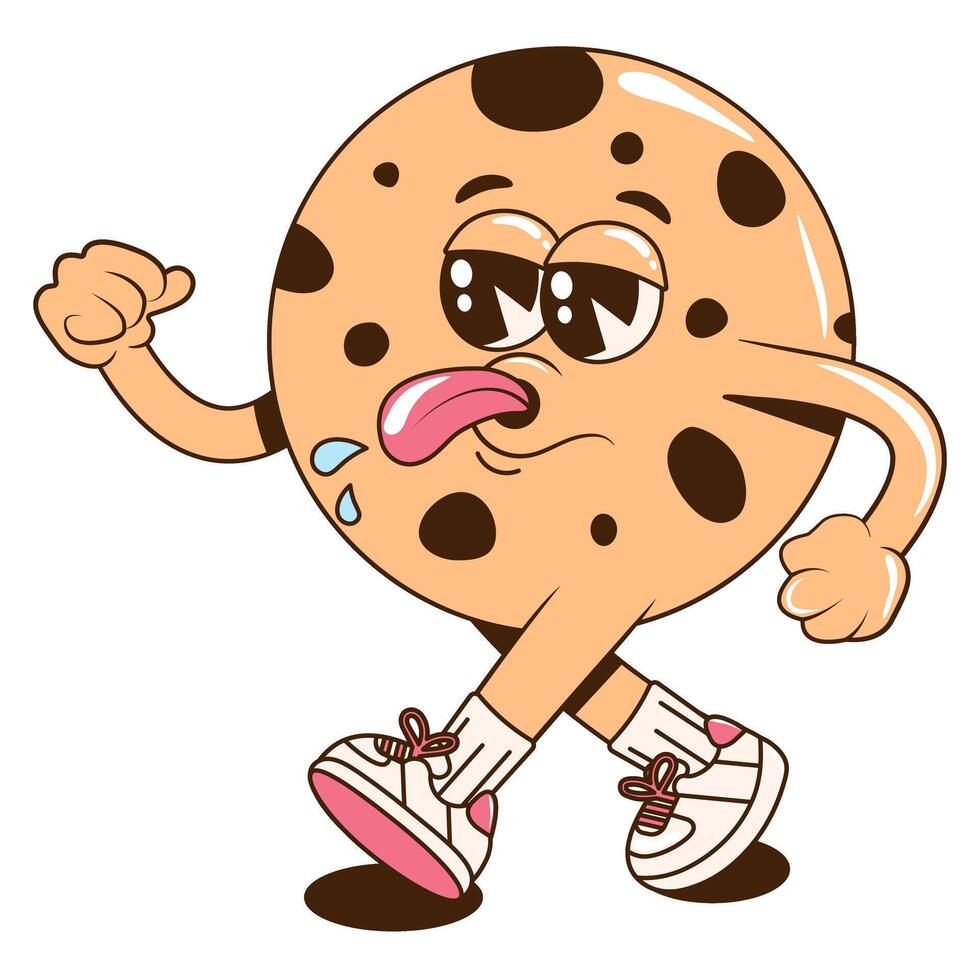 A Groovy cheerful dessert character. Retro cartoon illustration with a walking and teasing cookie for print, isticker, stamp or mascot for cafe, restaurant, bar. vector