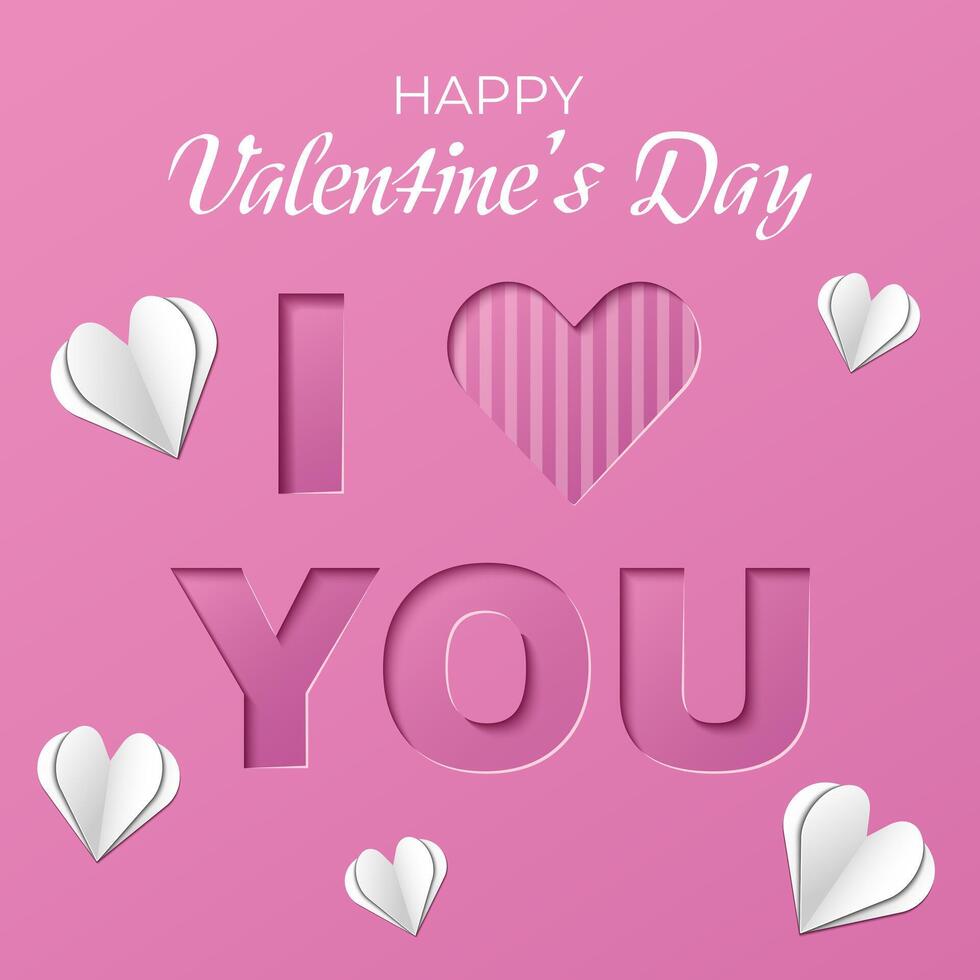 Happy Valentine's Day greeting card with paper cut letters and hearts on a pink background. ilustration for decorative love banner, festive web poster, romantic flyer. vector