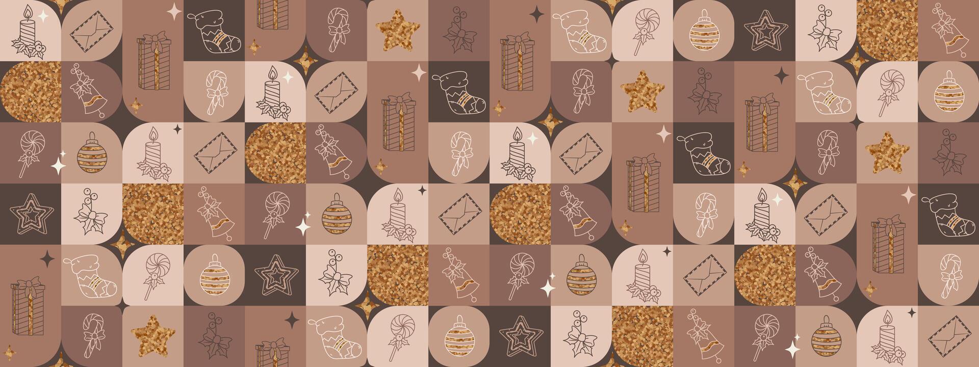 Christmas and New Year festive seamless pattern with symbols of celebration and golden texture. Outline Giftbox, candy cane, gingerbread, candle, stocking. Vintage background in mocha hues vector