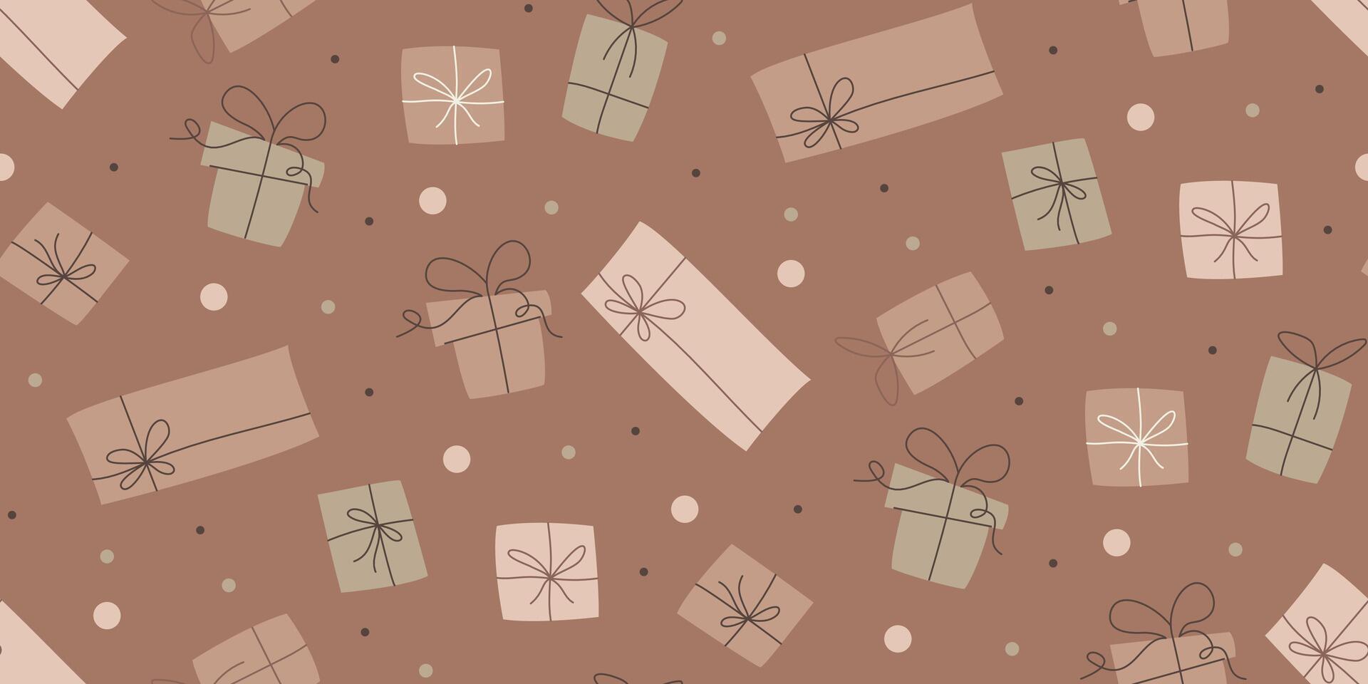 Giftbox with ribbon bowknot seamless pattern. Hand drawn elements on mocha background. Doodle design vector