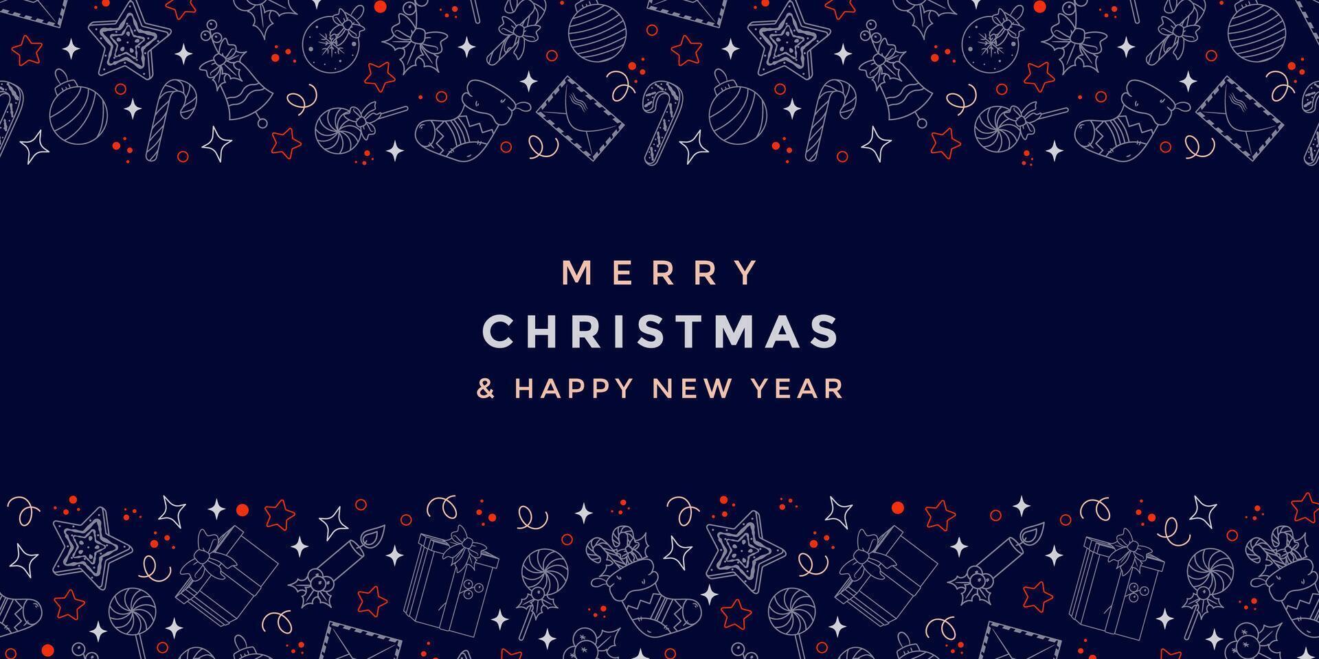 Christmas banner with outline symbols of xmas and New Year celebration. Season greeting on dark blue background vector