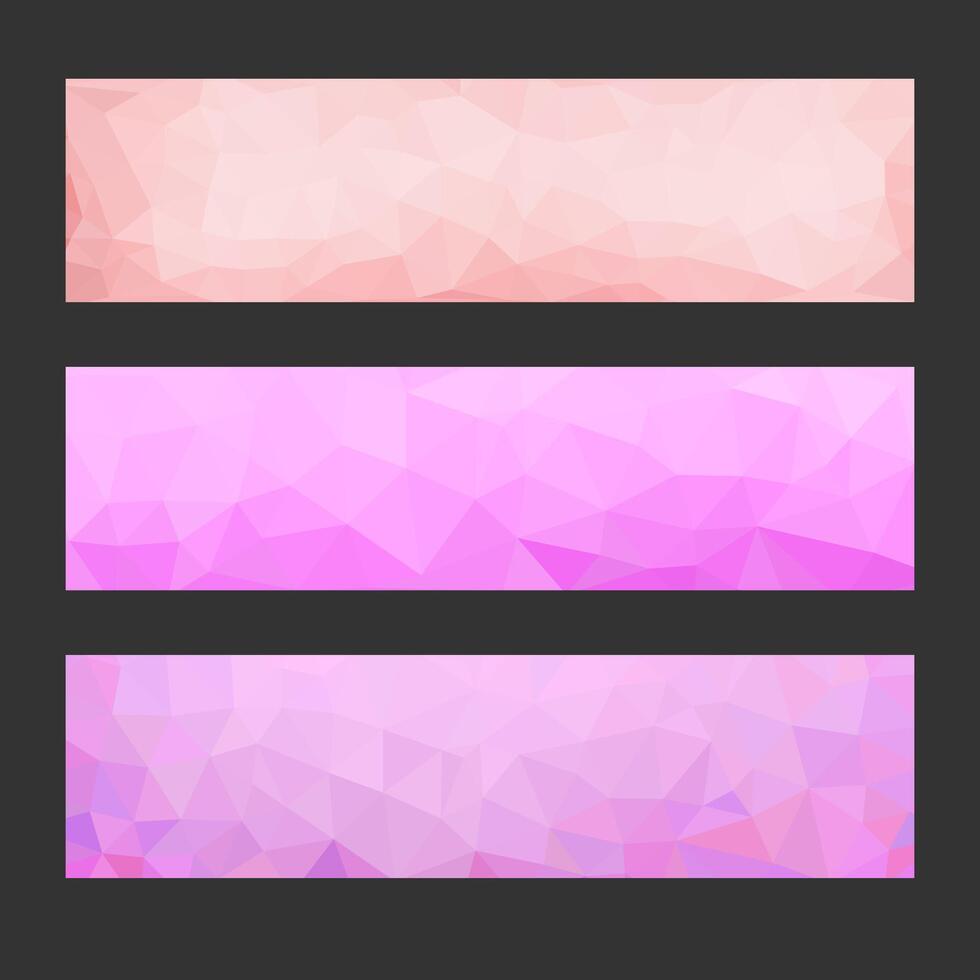 A set of banners with a low-poly abstract design. The color scheme is a gradation of pink and purple, creating a soft and feminine aesthetic. vector