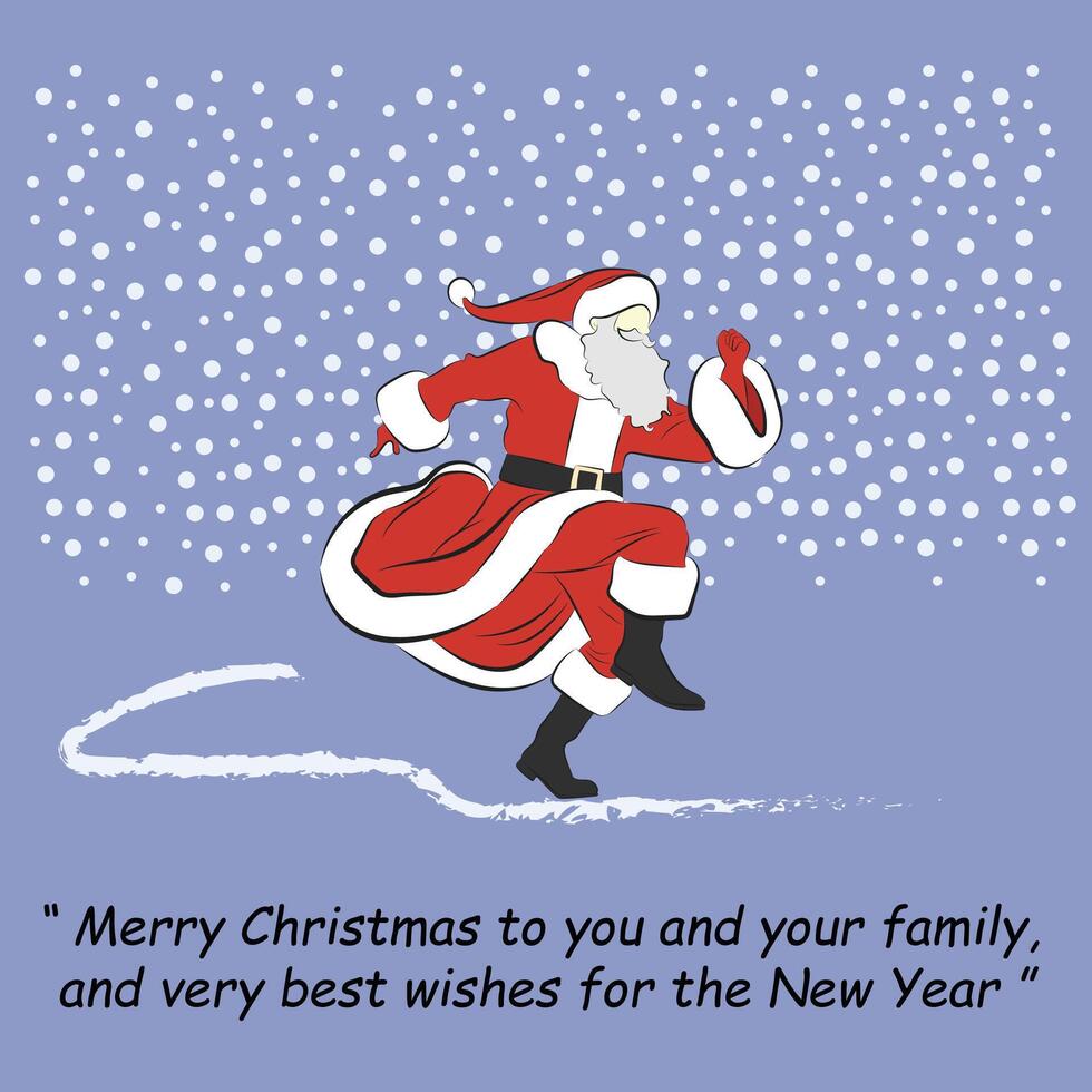 Christmas greeting card with a background of Santa Claus dancing under the snow vector
