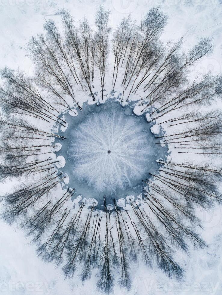 Aerial View of a Frozen Circular Pond Surrounded by Leafless Trees Revealing Intricate Patterns and Snow-Covered Landscape in Winter Wonderland photo