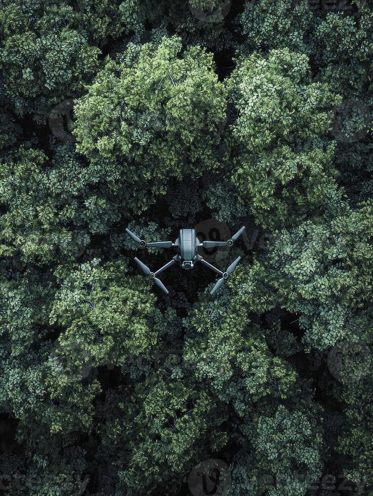 Aerial View of a Drone Flying Over Lush Green Forest Canopy Captured in a Serene Natural Landscape with Dense Foliage and Vibrant Vegetation photo