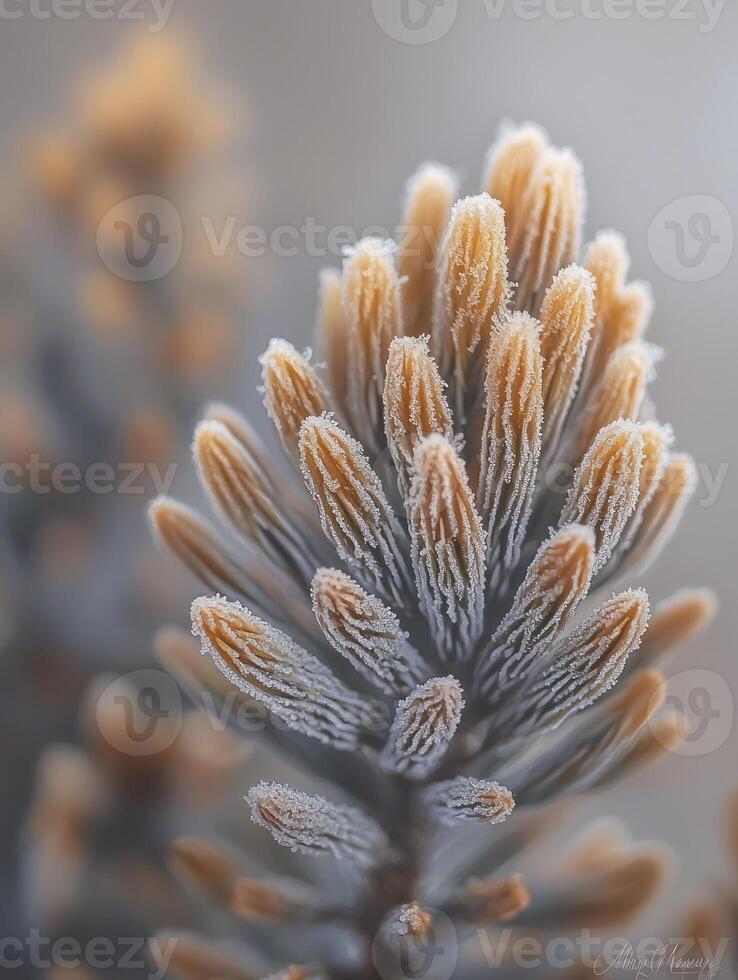 Frost Covered Pine Cone Close Up with Detailed Texture and Warm Tones Against a Soft Background, Highlighting Natural Beauty in Wintertime photo