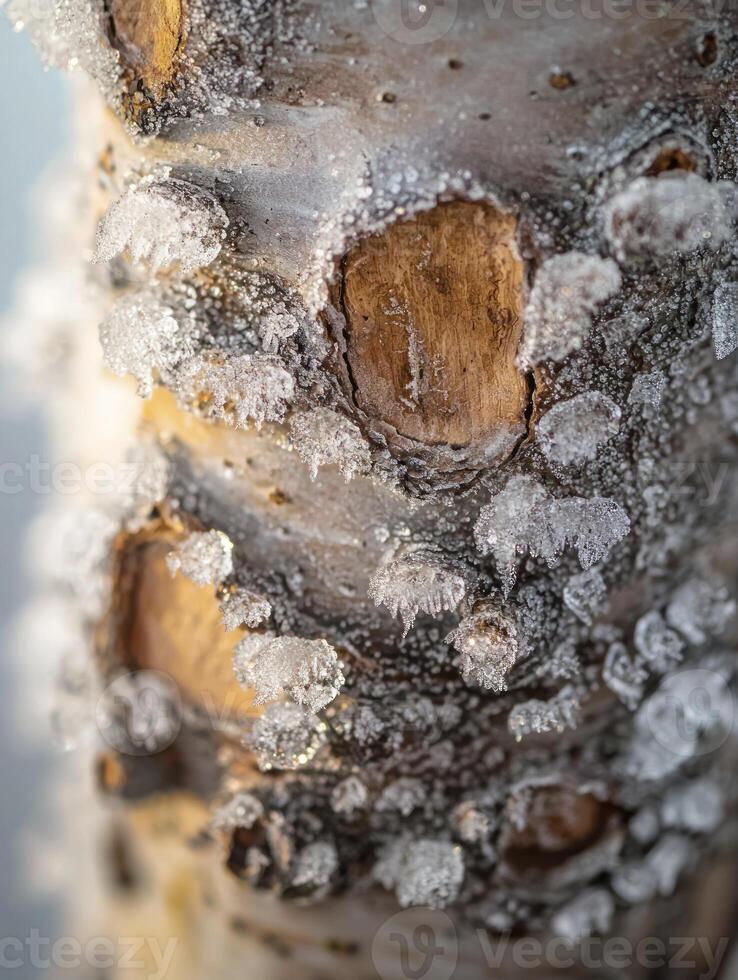 Close-up of a Frosted Tree Trunk Showcasing Intricate Textures and Stunning Natural Details in Winter Landscape with Glacial Ice Crystals Adorning the Bark photo