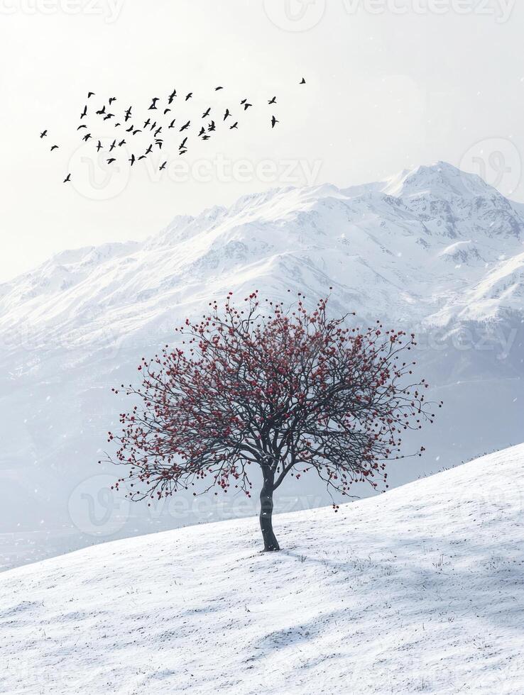 Serene Winter Landscape with a Vibrant Red Tree, Snowy Mountains, and Flocking Birds Creating a Mystical and Peaceful Atmosphere in Nature photo