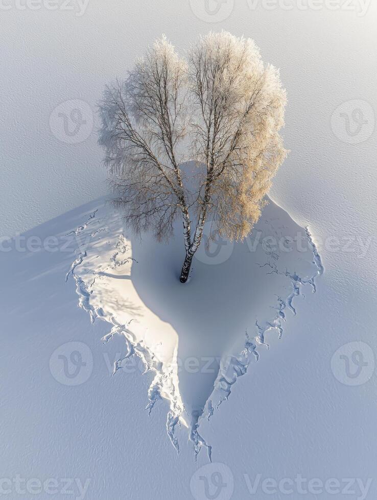 Heart-Shaped Snow Landscape with Bare Tree in Frosty Wilderness, Showcasing Winter Serenity and Natural Beauty in a Snowy Setting photo
