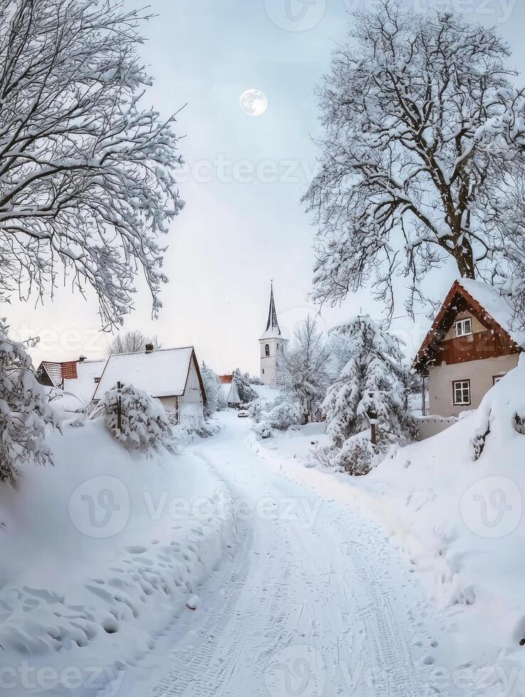 Serene Winter Landscape with Snow-Covered Village Pathway, Church Steeple, and Frosty Trees Under a Blue Sky with Moon photo