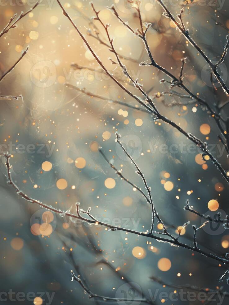 Beautiful Abstract Background of Frosted Branches with Golden Bokeh Shimmering Lights in a Winter Wonderland Environment photo