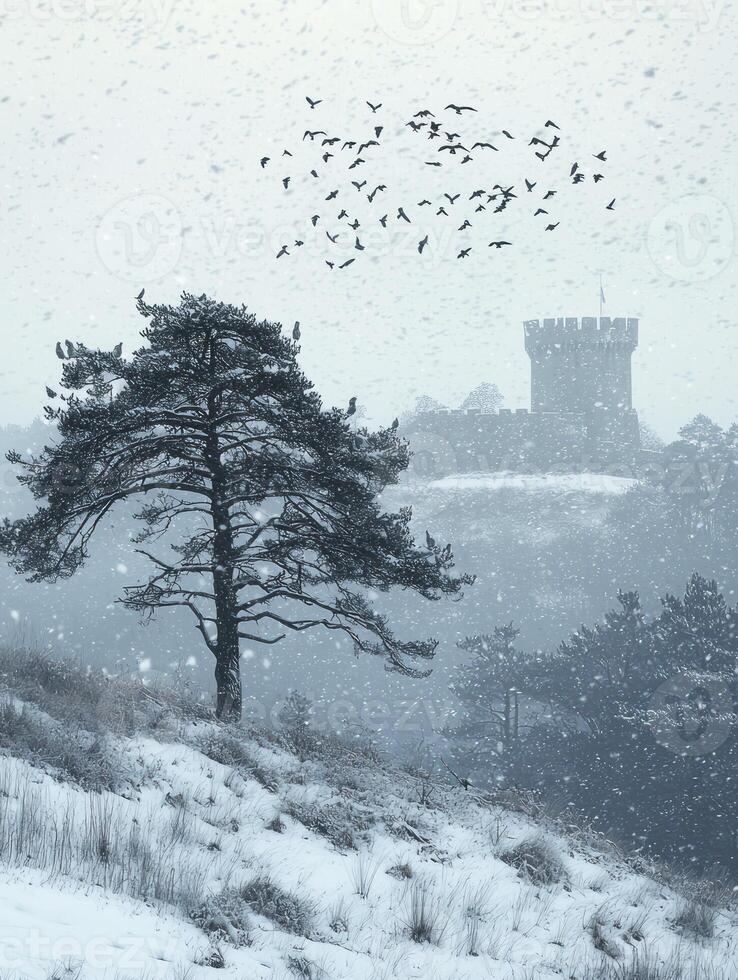 Serene Winter Landscape Featuring Snow-Covered Hill, Majestic Tower in Background, and Flock of Birds Flying in Snowy Sky photo