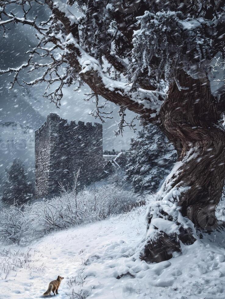 Mystical Winter Landscape with Snow-Covered Castle and Fox Under a Gloomy Sky, Capturing the Quiet Beauty of Nature in a Snowy Wonderland photo