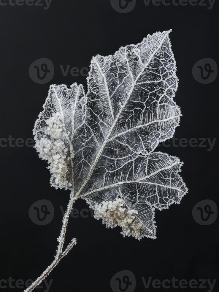 Delicate Frosted Leaf on Black Background Showcasing Intricate Patterns of Ice Crystals and Natural Beauty of Winter in a Minimalistic Style photo