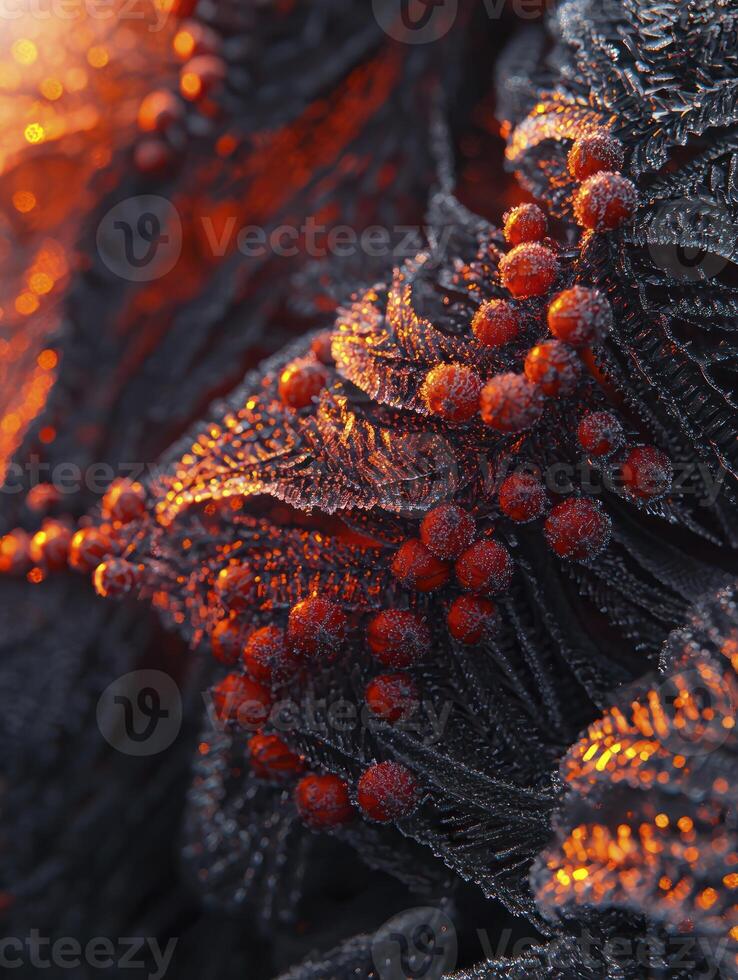 Intricate Patterns of Frosted Leaves with Vibrant Red Berries Illuminated by Warm Light in a Frosty Environment Showcasing Nature's Beauty and Complexity photo