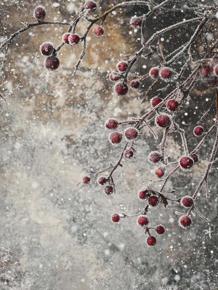 Frosted Red Berries on Branches Surrounded by Snowflakes and Glittering Frost in a Wintry Landscape with Soft Blurred Background photo