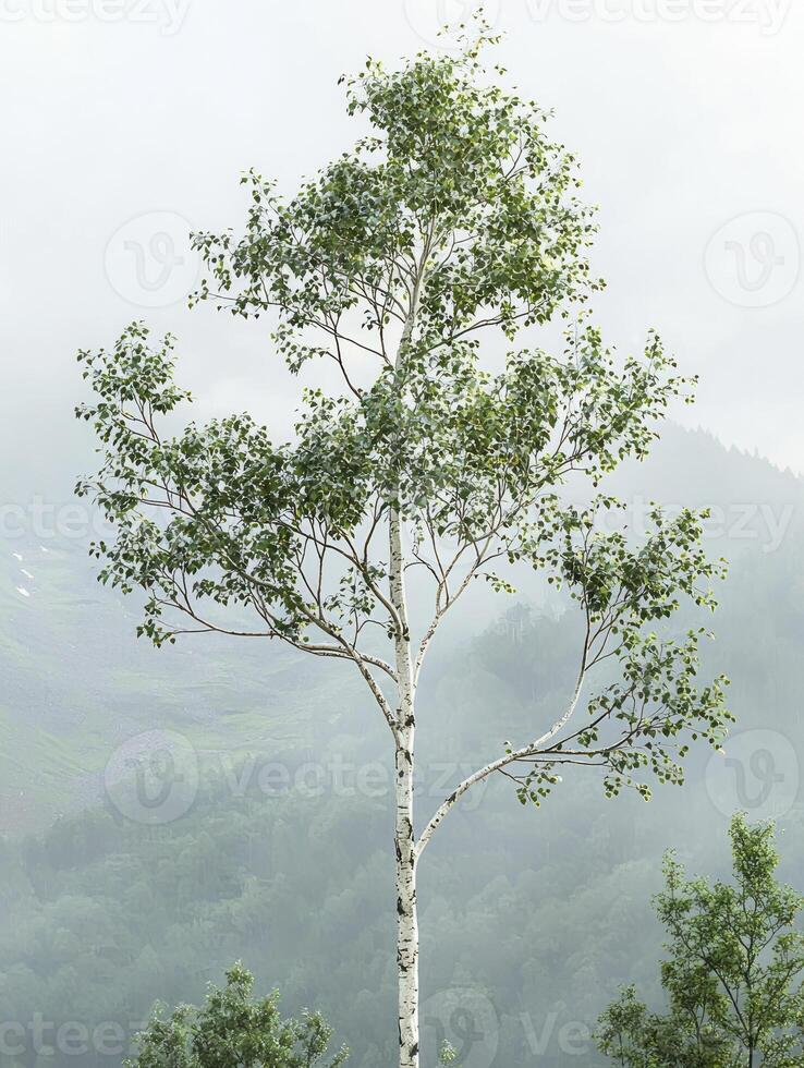 Majestic solitary tree standing tall against a misty mountainous background, showcasing natural beauty and tranquility in a serene forest environment. photo