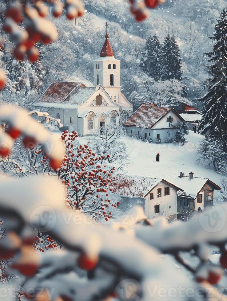 Serene Winter Landscape with a Snow-Covered Village and Church Amidst a Snowy Forest and Red Berries, Capturing the Beauty of Winter in a Peaceful Setting photo