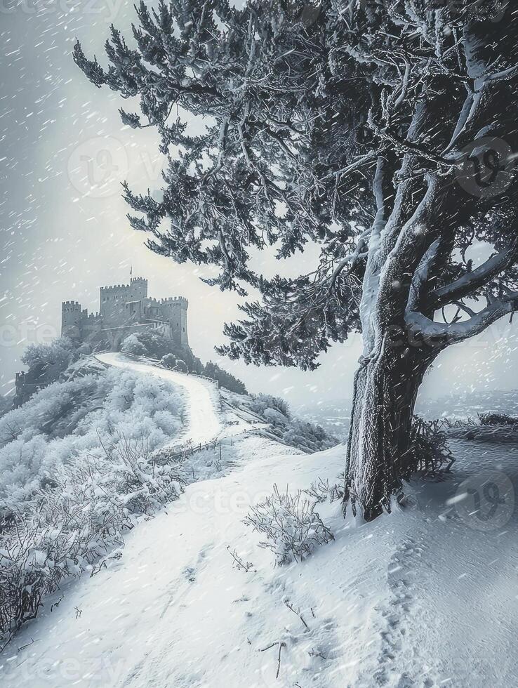 Serene Winter Landscape Featuring Snow-Covered Pathway Leading to Ancient Castle Surrounded by Frosted Trees and Gentle Snowfall in a Dreamy Atmosphere photo