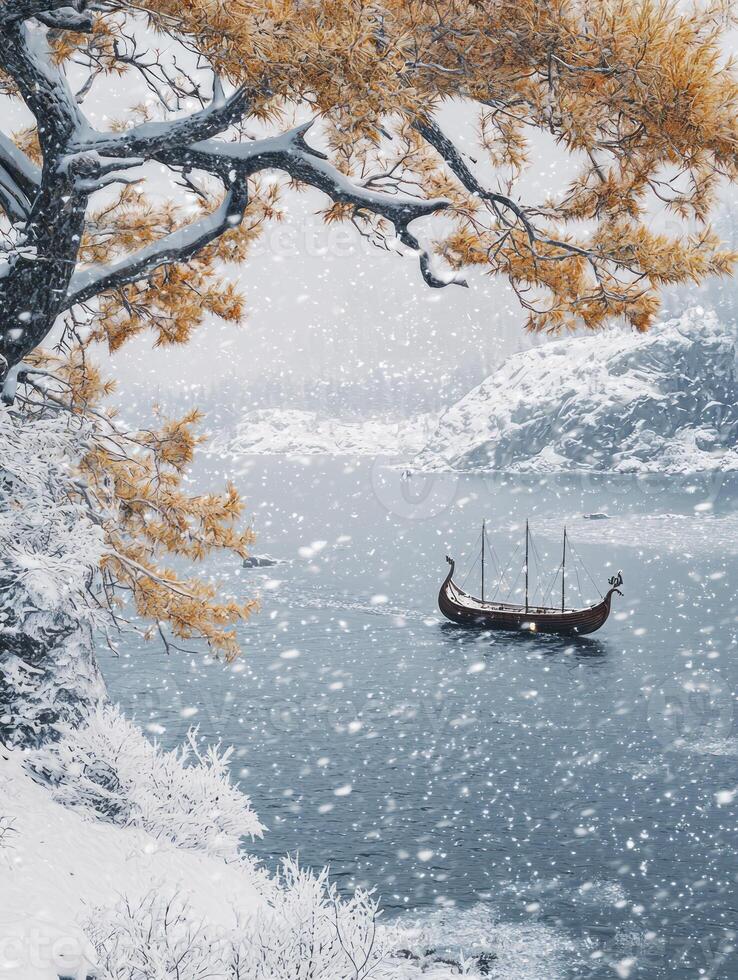 Serene Winter Landscape with Snowfall and a Viking Ship Anchored by a Golden Tree on a Tranquil Lake Surrounded by Snow-Capped Mountains and Misty Atmosphere photo