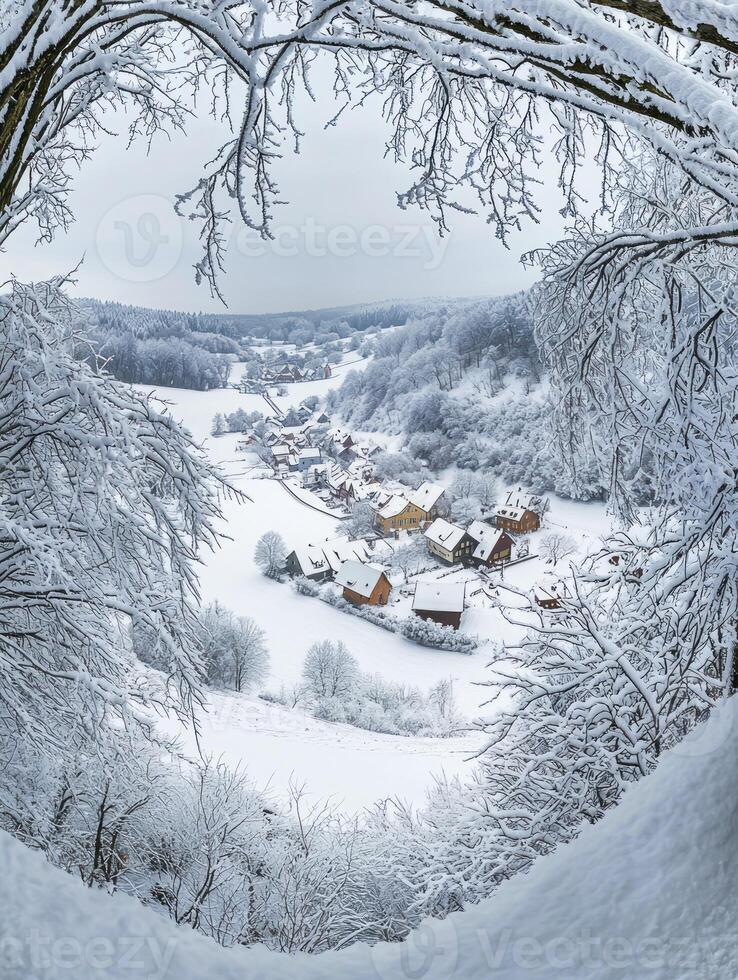 Aerial View of a Snow-Covered Village Surrounded by Frosty Trees and Rolling Hills in Winter Landscape Captured with a Circular Perspective photo