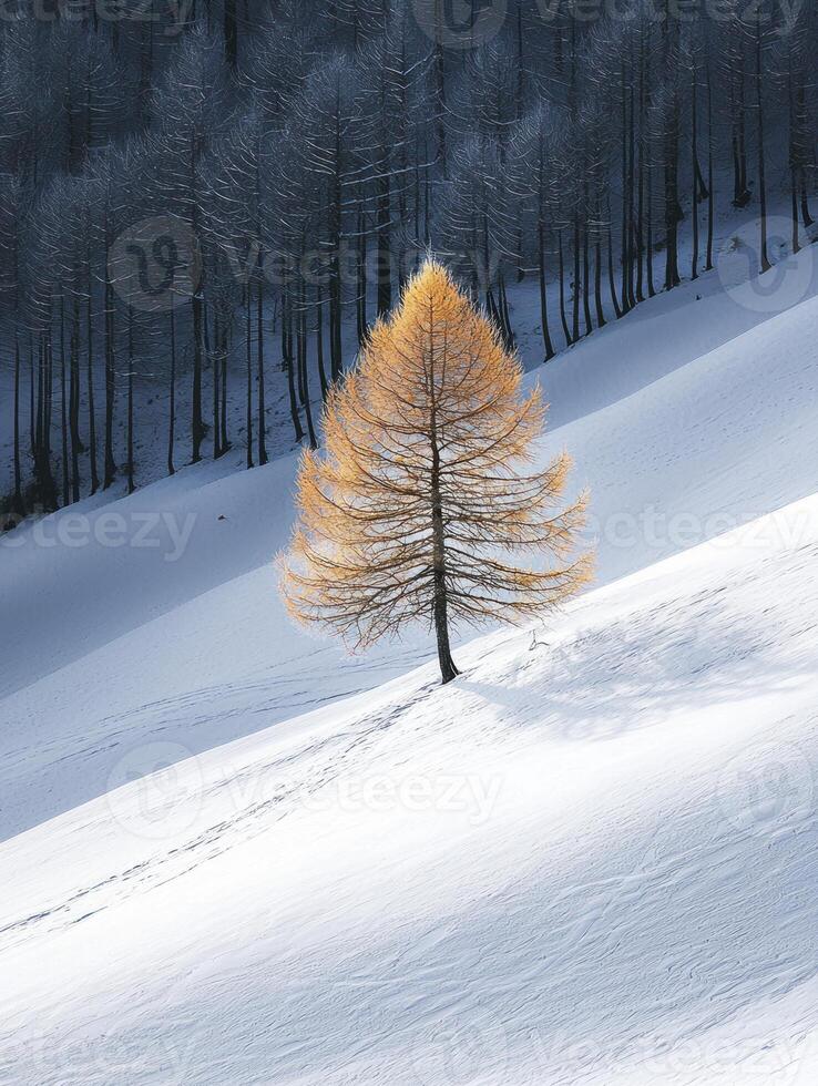 Majestic Lone Tree with Golden Needles Standing in a Snow-Covered Landscape Surrounded by Dark Forest in a Serene Winter Setting photo