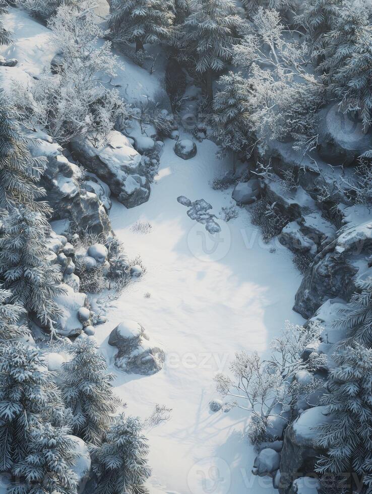 Serene Winter Landscape with Snow-Covered Rocks, Frosted Trees, and a Tranquil Streambed in a Picturesque Narrow Valley Captured from Above photo